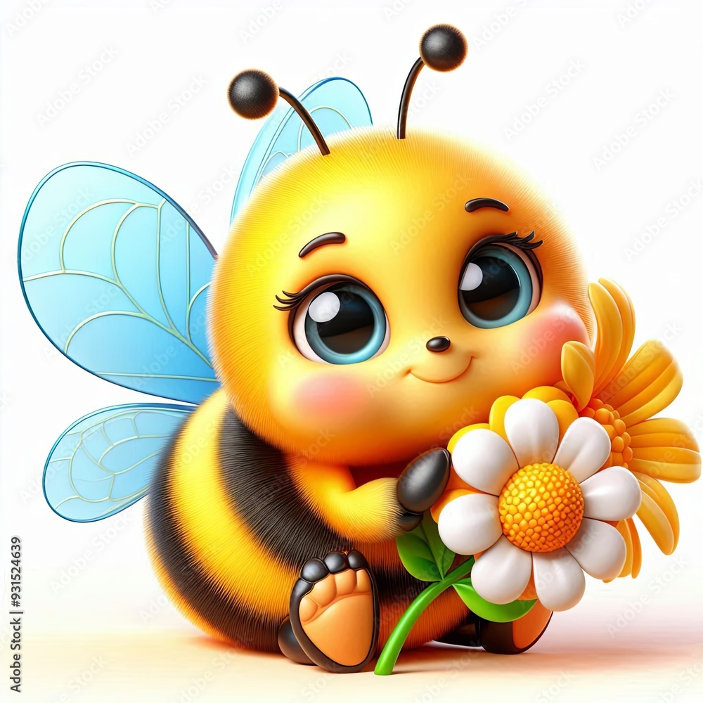 Naklejka premium Cute Bright bumblebee with a flower 3d Generative AI