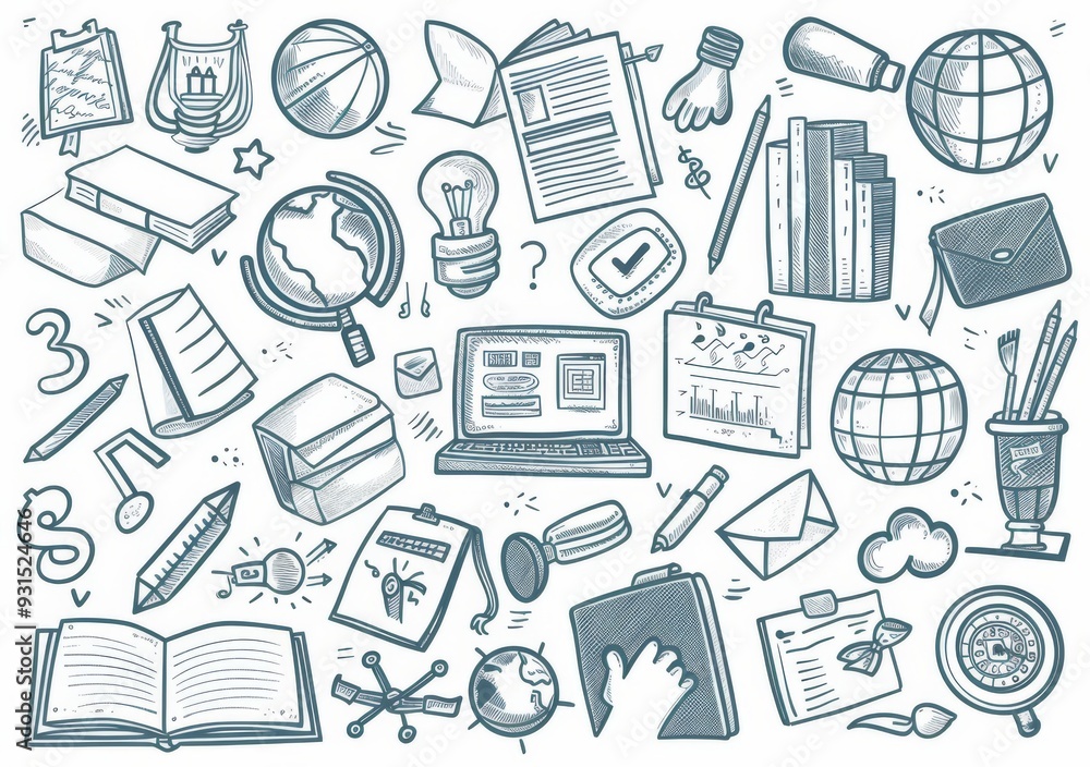 A set of simple cartoon school items with black and white outlines A set of simple cartoon school items with black and white outlines