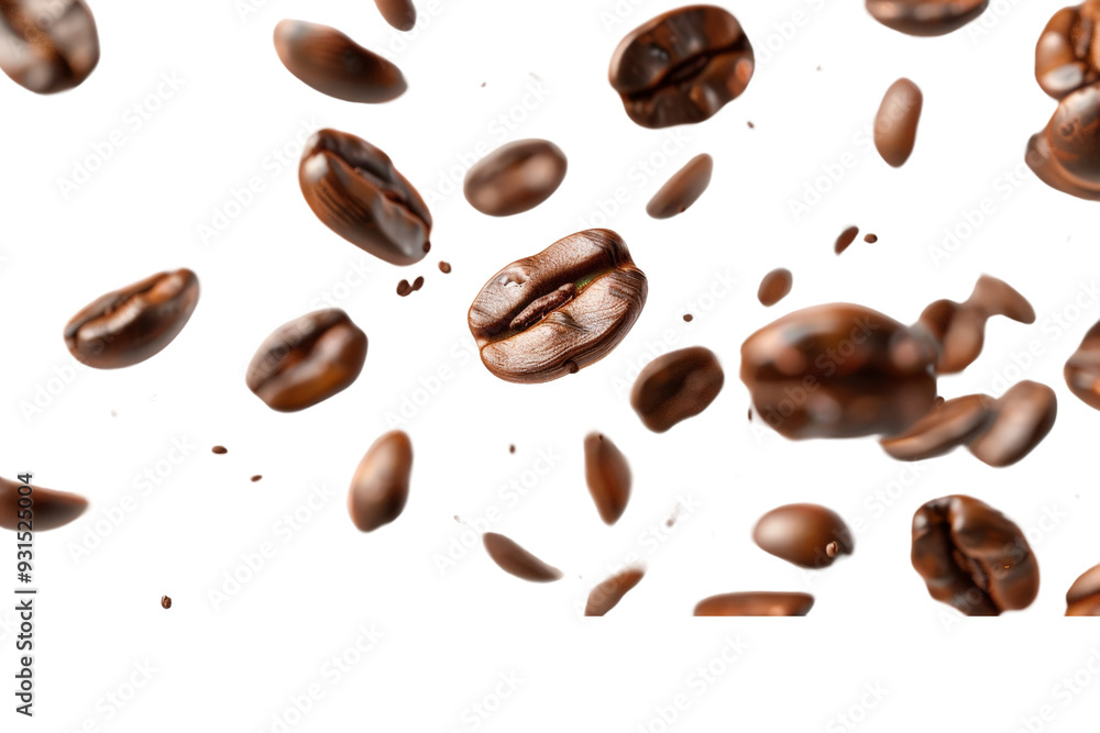Detailed view of many brown coffee beans flying through the air, isolated on a pristine white background, capturing their dynamic motion and rich hue Detailed view of many brown coffee beans flying through the air, isolated on a pristine white background, capturing their dynamic motion and rich hue