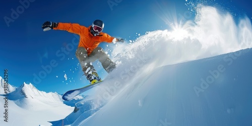 Snowboarder in sportswear performing dynamic jump, kicking up spray of snow against backdrop of clear blue skies and snowy mountain peaks, with sunlight bursting through.