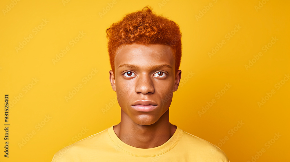 Obraz premium Portrait of a serious troubled African American red-haired teenager guy with perfect skin, yellow background, banner.