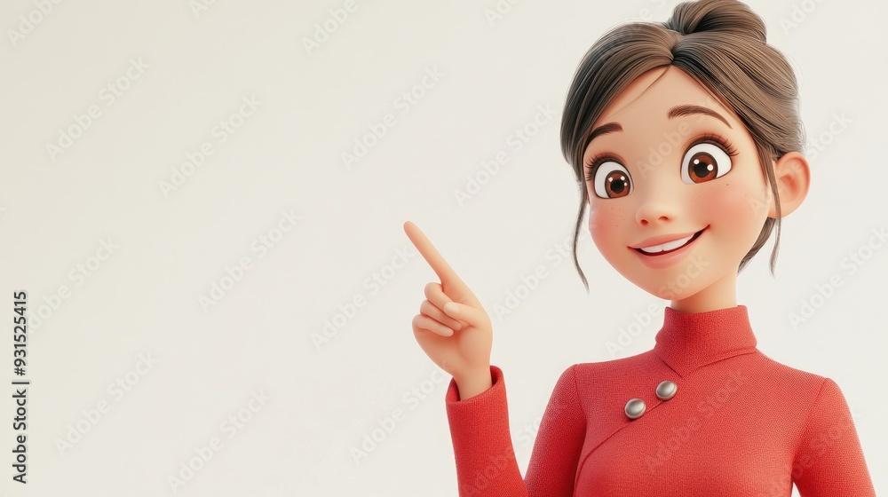 3D Cartoon of an Asian Middle Aged Woman Pointing to the Side on a Round White Background 3D Cartoon of an Asian Middle Aged Woman Pointing to the Side on a Round White Background