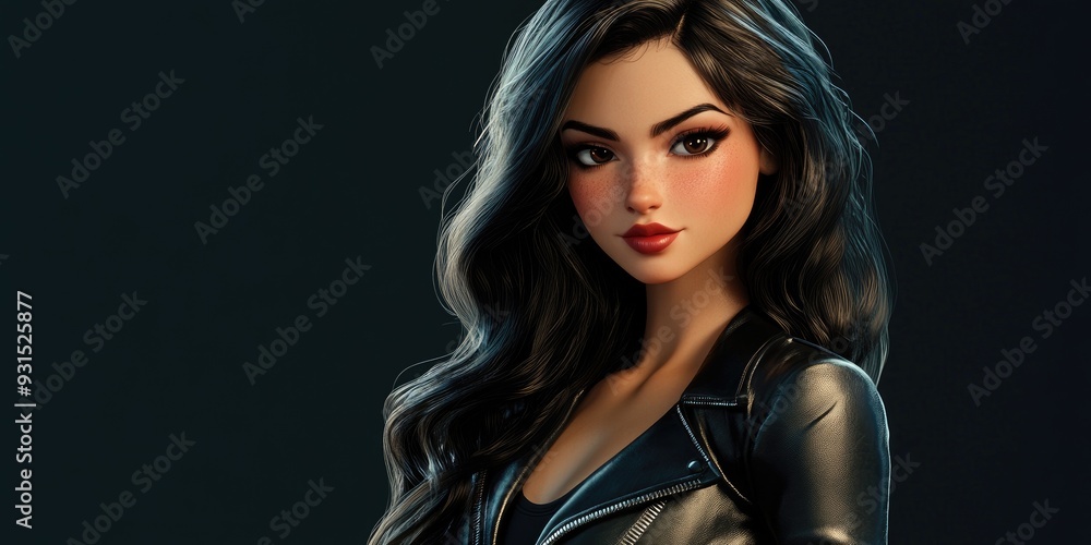 3D Cartoon of a Young Beautiful Woman in a Black Leather Jacket with Long Wavy Hair and Makeup 3D Cartoon of a Young Beautiful Woman in a Black Leather Jacket with Long Wavy Hair and Makeup