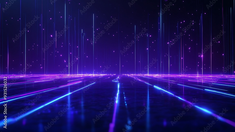 Futuristic neon landscape with glowing lines and starry sky. Sci-fi digital art featuring purple and blue light streaks. Futuristic neon landscape with glowing lines and starry sky. Sci-fi digital art featuring purple and blue light streaks.