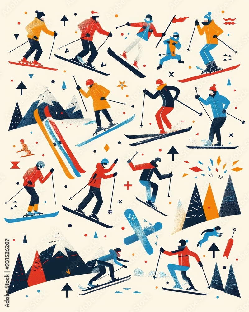 Winter Olympics celebration. Various winter sports in action, snowy mountains element, Athletes competing in skiing, skating, snowboarding. Winter Olympics celebration. Various winter sports in action, snowy mountains element, Athletes competing in skiing, skating, snowboarding.