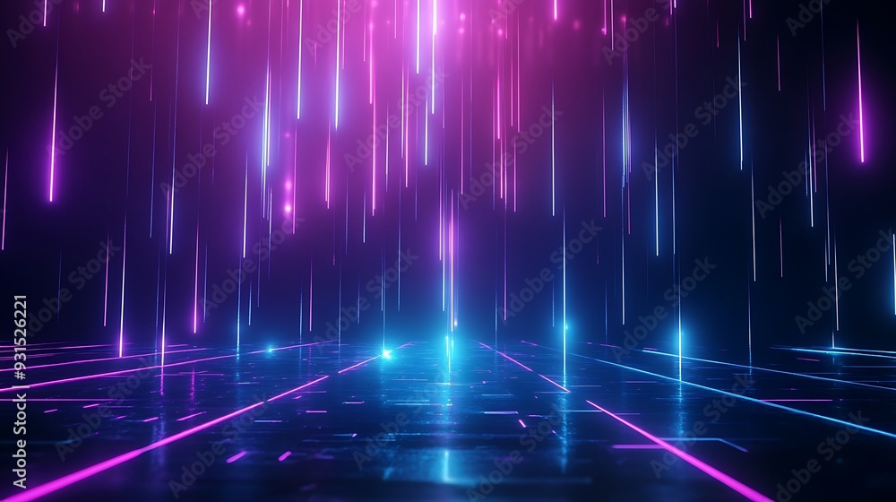 Futuristic neon light backdrop with vibrant vertical beams and glowing grid floor in a dark setting, perfect for tech and sci-fi themes. Futuristic neon light backdrop with vibrant vertical beams and glowing grid floor in a dark setting, perfect for tech and sci-fi themes.