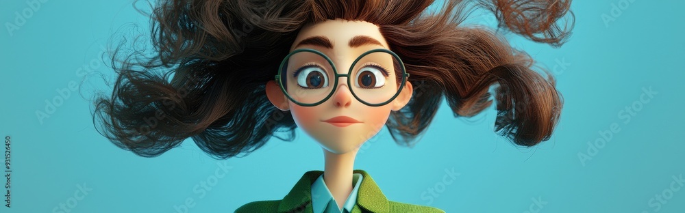 3D Cartoon of a Woman with Wild Hair Sporting a Green Coat and Glasses 3D Cartoon of a Woman with Wild Hair Sporting a Green Coat and Glasses