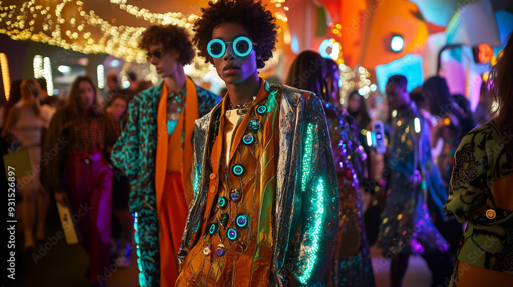 Fototapeta premium Vibrant Fashion Party with Models Wearing Futuristic Neon and Metallic Outfits