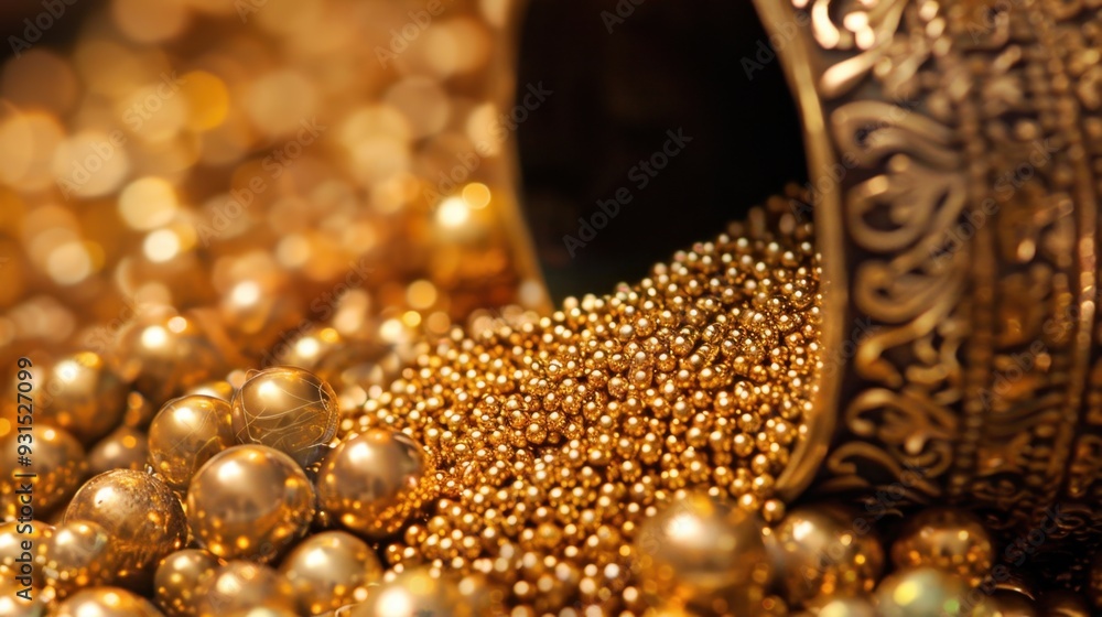 A close-up of gold beads spilling from an ornate container, creating a sense of abundance A close-up of gold beads spilling from an ornate container, creating a sense of abundance
