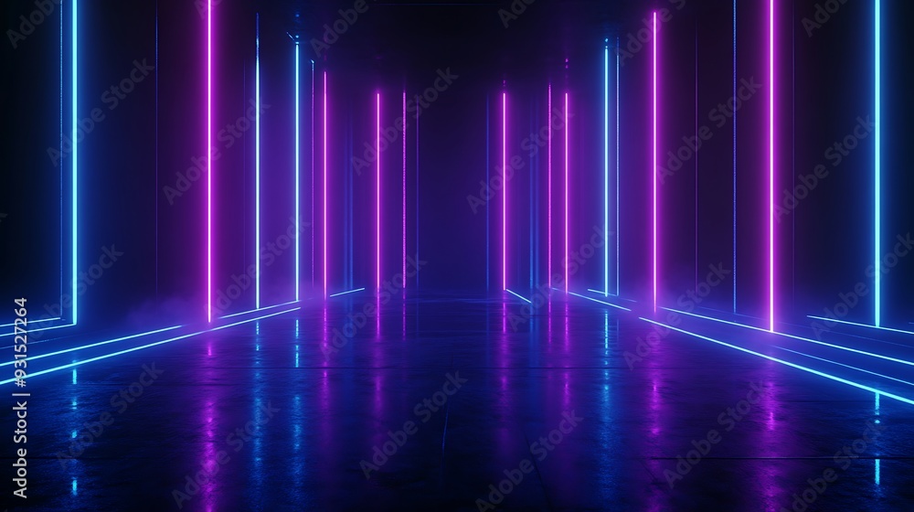 Futuristic neon light corridor with glowing purple and blue lights reflecting on the glossy floor, creating a vibrant and immersive atmosphere. Futuristic neon light corridor with glowing purple and blue lights reflecting on the glossy floor, creating a vibrant and immersive atmosphere.