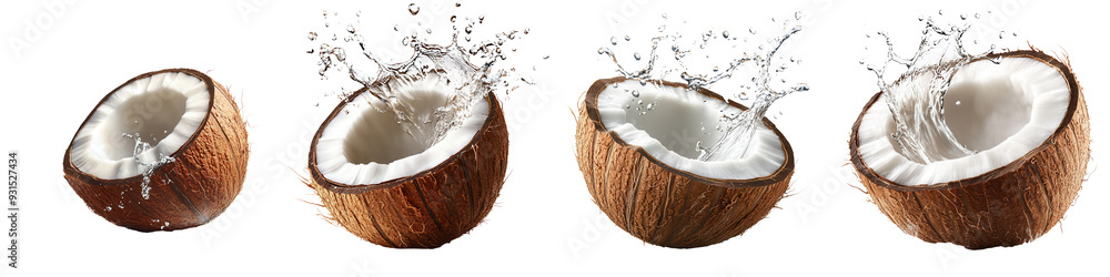 Fototapeta premium Dynamic coconut splash sequence showcasing fresh coconut water in action, perfect for tropical-themed designs. isolated on a transparent background