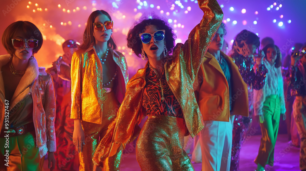 Fototapeta premium Group of Partygoers in Sparkling Disco Attire and Colorful Lighting