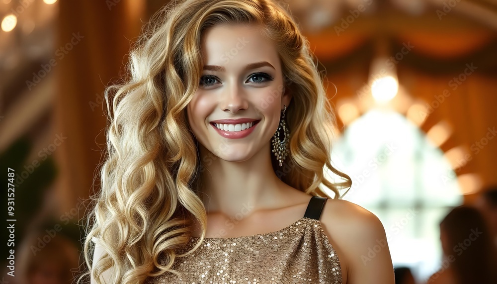 Candid image, photography, natural textures, highly realistic light, editorial, A young Caucasian woman with long, curly blonde hair wearing a gold sequined dress, smiling, glowing background Candid image, photography, natural textures, highly realistic light, editorial, A young Caucasian woman with long, curly blonde hair wearing a gold sequined dress, smiling, glowing background