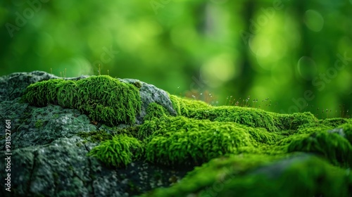 A close-up of green moss covering a rock in a damp, shady forest