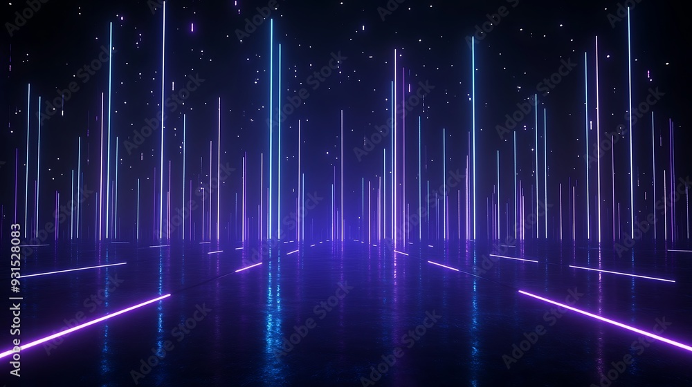 Futuristic neon light tunnel in blue and purple hues, resembling a virtual reality environment with glowing lines and starry sky. Futuristic neon light tunnel in blue and purple hues, resembling a virtual reality environment with glowing lines and starry sky.