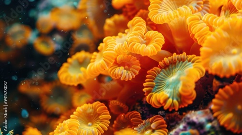 A close-up of orange coral underwater, teeming with marine life