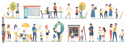 Modern illustrations set for school. Preparing for Day of Knowledge, buying school supplies, gathering first graders. Cartoon characters of teachers, parents, children, and bus drivers.