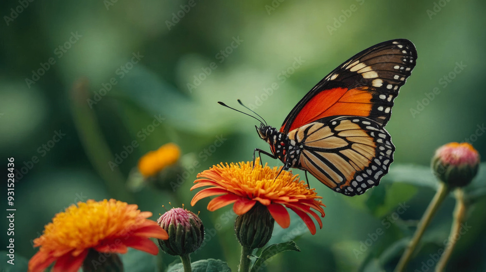 A monarch butterfly rests delicately on a vibrant purple flower in a serene garden A monarch butterfly rests delicately on a vibrant purple flower in a serene garden