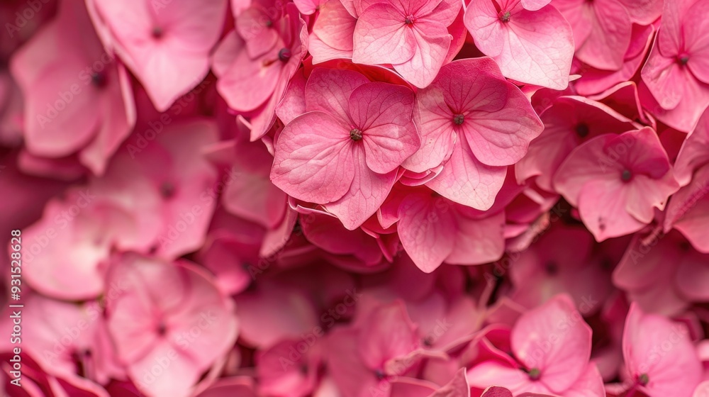 A close-up of pink hydrangeas in full bloom, creating a lush and vibrant floral display