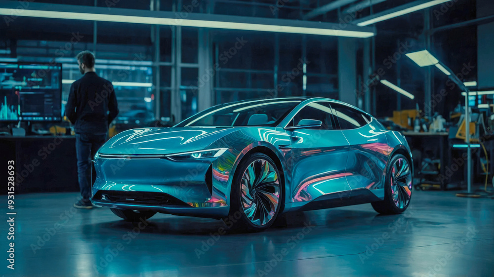 A car design engineer using a holographic app inside a futuristic vehicle cockpit A car design engineer using a holographic app inside a futuristic vehicle cockpit