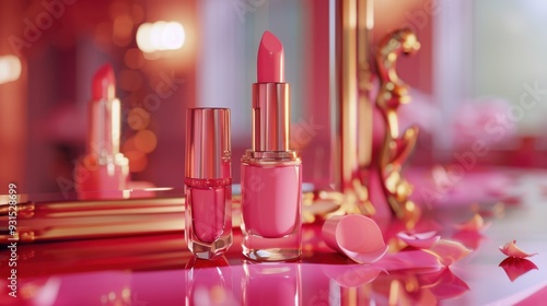 A close-up of pink lipstick and a matching nail polish bottle arranged on a vanity table