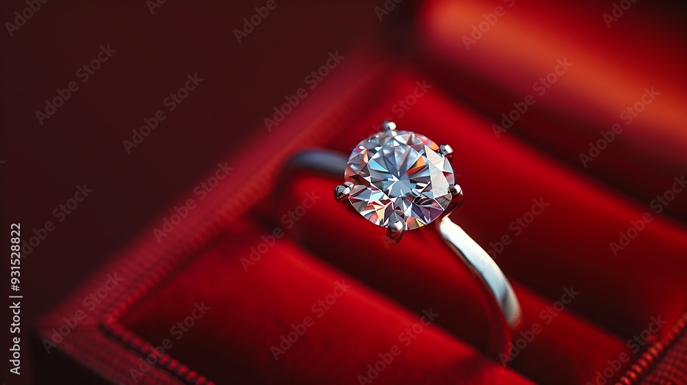 Diamond ring in jewelry gift box floated on red background : Generative AI Diamond ring in jewelry gift box floated on red background : Generative AI