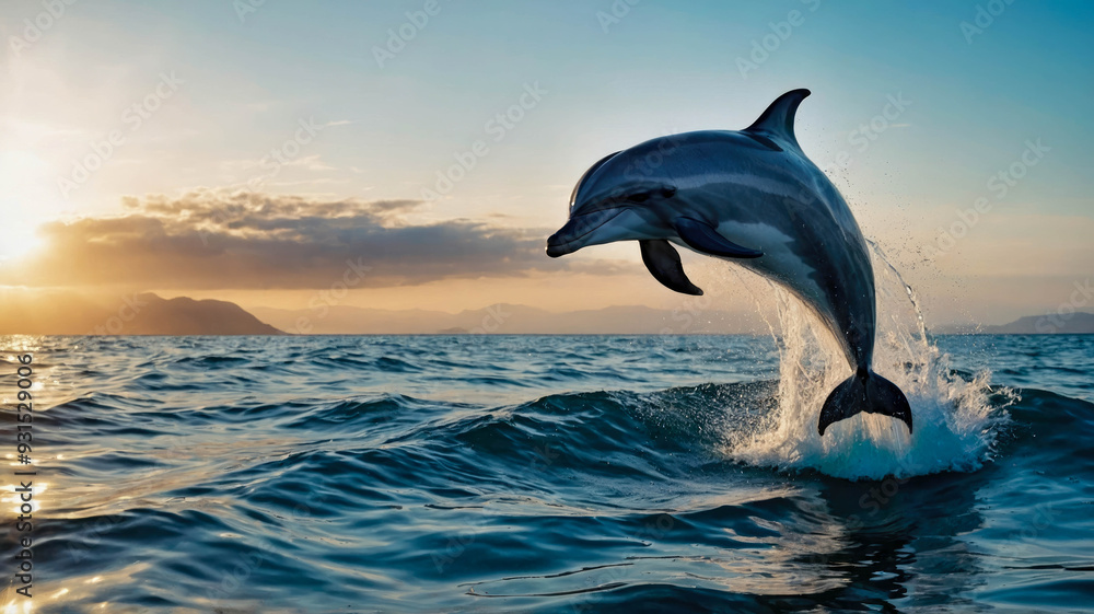 Fototapeta premium A dolphin leaps gracefully out of the ocean, silhouetted against a bright blue sky