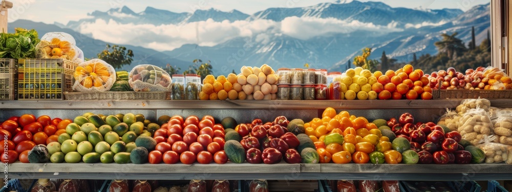 Fresh vegetables and fruits at a mountain market with scenic view Fresh vegetables and fruits at a mountain market with scenic view