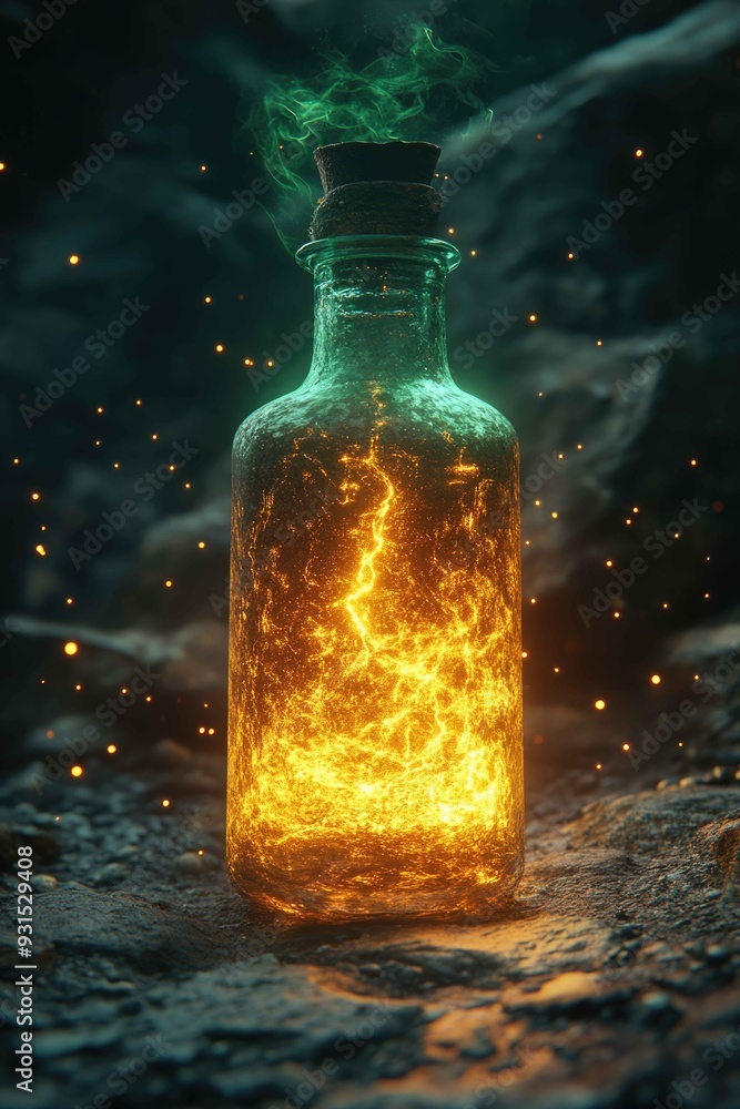 Enchanted 3D Rendered Potion Bottle Emitting Eerie Green Light with Magical Mist and Particles - Fantasy Concept Design Enchanted 3D Rendered Potion Bottle Emitting Eerie Green Light with Magical Mist and Particles - Fantasy Concept Design