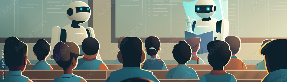 Children's book illustration of robot Sunday school teacher surrounded ...