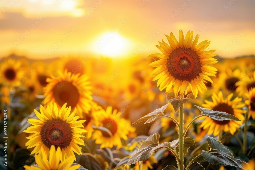 Fototapeta premium A sunflower field at dawn, with the first light of the day casting a golden glow over the flowers.