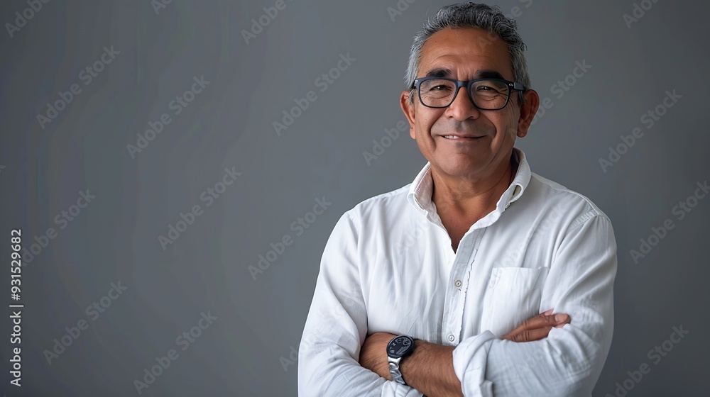 Smiling confident latin hispanic mature business man standing crossed arms isolated on grey background Older senior businessman professional ceo coach leader looking at camera Banner c : Generative AI Smiling confident latin hispanic mature business man standing crossed arms isolated on grey background Older senior businessman professional ceo coach leader looking at camera Banner c : Generative AI