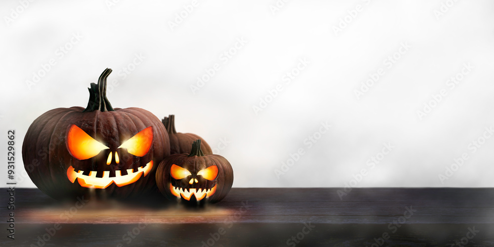 Two lit Jack-o-Lantern, halloween pumpkin lanterns on a wooden product display table with mist an isolated transparent background.