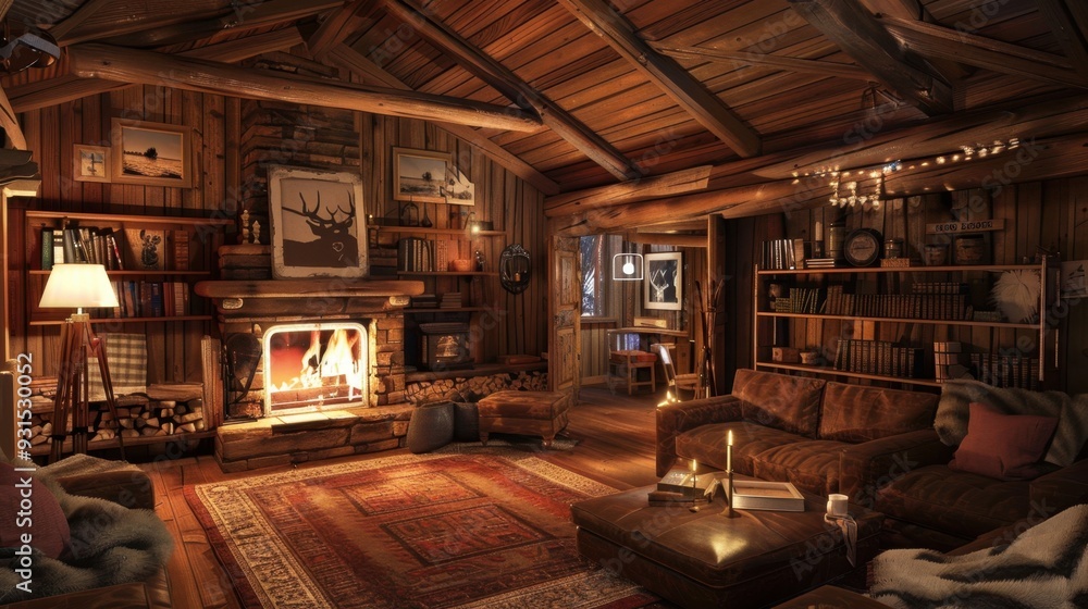 A cozy cabin interior with brown wooden walls, a fireplace, and soft lighting A cozy cabin interior with brown wooden walls, a fireplace, and soft lighting