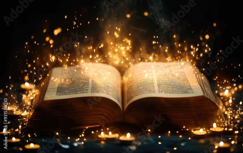 Mysterious Ancient Book with Glowing Symbols and Floating Candles