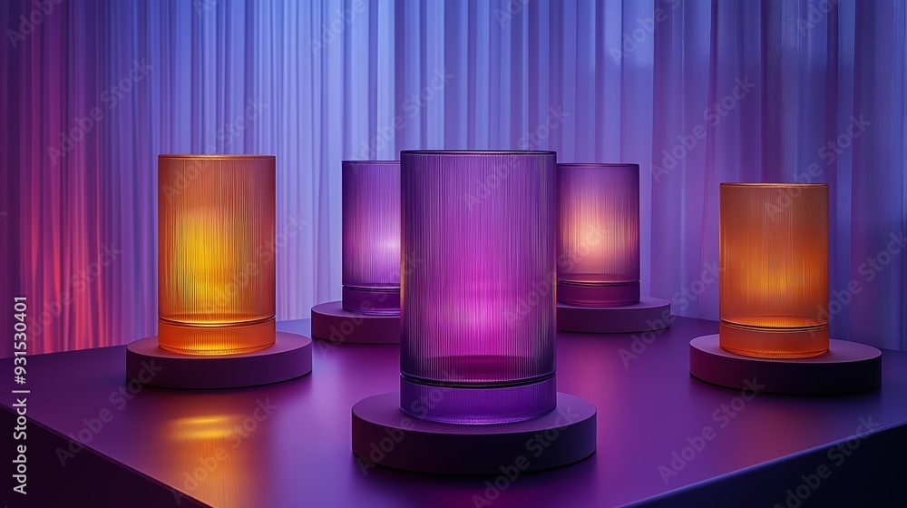 A row of colorful glass vases with a purple one in the middle. The vases are lit up and arranged on a table A row of colorful glass vases with a purple one in the middle. The vases are lit up and arranged on a table