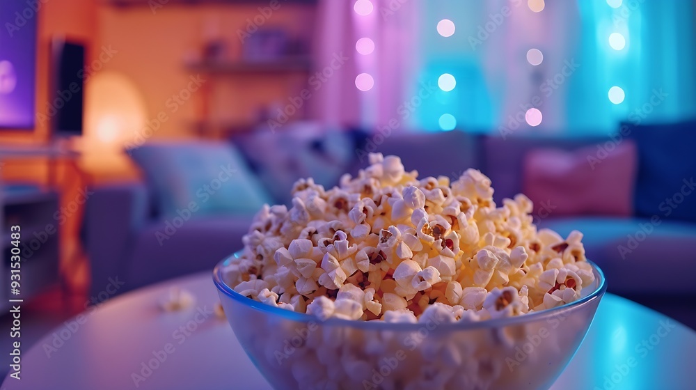 Focus on bowl of popcorn on table with neon illuminated home theater apartment in blurry background Salty snack prepared for upcoming movie night in cozy RGB lit living room : Generative AI