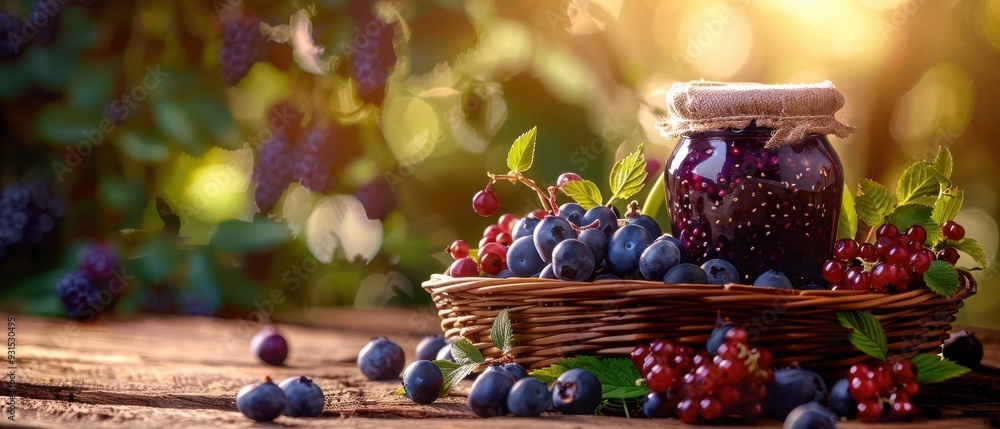 Wicker basket filled with fresh blueberries and a jar of homemade blueberry jam. Free copy space for text.