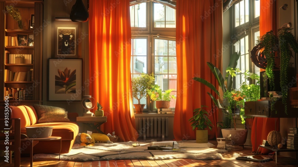 A cozy living room with orange curtains framing a large window, letting in warm light A cozy living room with orange curtains framing a large window, letting in warm light