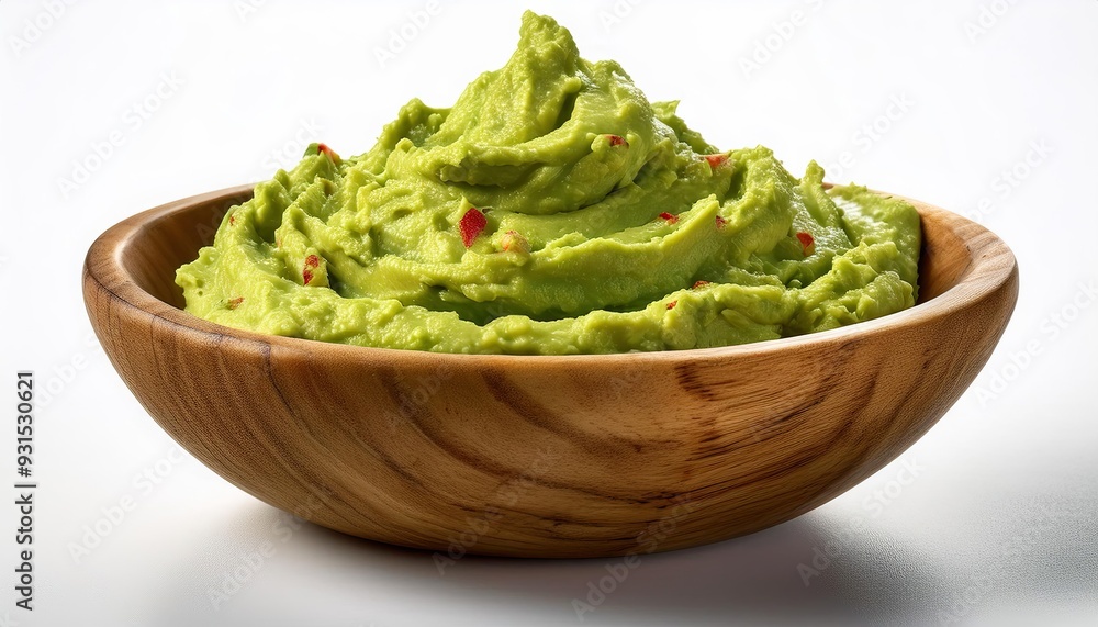 Guacamole in a wooden bowl isolated on white background Guacamole in a wooden bowl isolated on white background