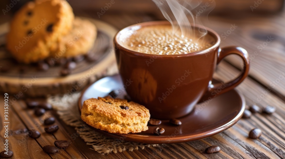 A cup of steaming brown coffee with a biscotti on the side, ready to be enjoyed A cup of steaming brown coffee with a biscotti on the side, ready to be enjoyed