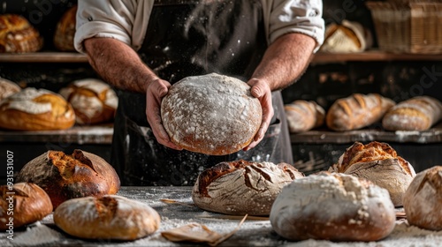 The artisan baker holding bread photo