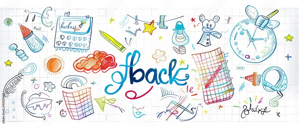 Doodles, letters, and a school banner with colorful doodles drawn with a pencil on a notebook page. Doodles with school supplies. Doodles, letters, and a school banner with colorful doodles drawn with a pencil on a notebook page. Doodles with school supplies.