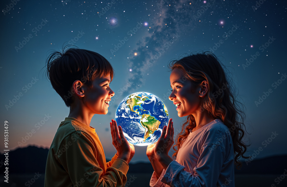 Naklejka premium Two children holding a glowing Earth, symbolizing unity and hope under a starry sky