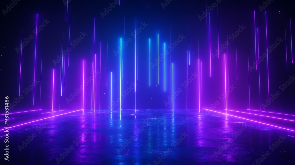 Futuristic neon lights in blue and purple colors reflecting on a wet surface, creating a mesmerizing and dynamic visual effect. Futuristic neon lights in blue and purple colors reflecting on a wet surface, creating a mesmerizing and dynamic visual effect.