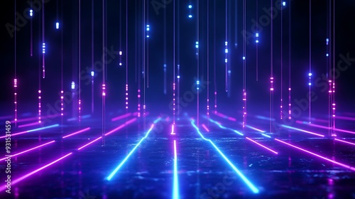 Futuristic neon lights in blue and pink forming a grid pattern on a reflective surface, creating a vibrant sci-fi atmosphere.