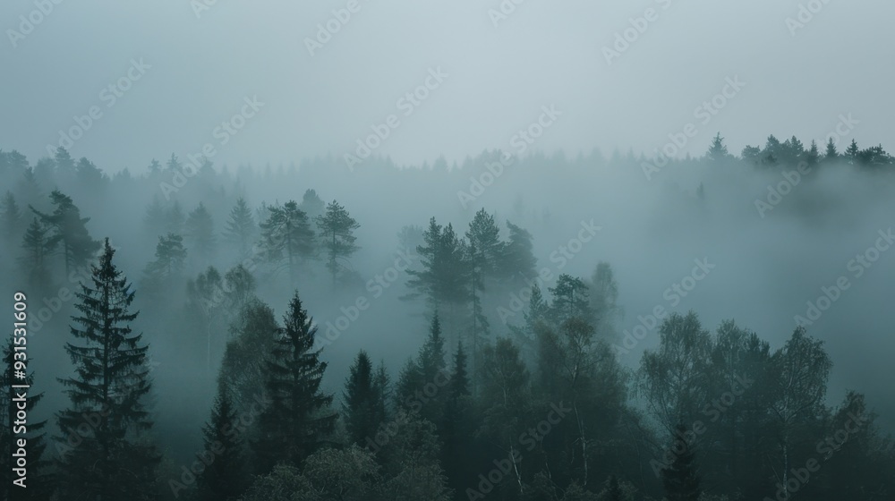 Naklejka premium A foggy forest scene with trees fading into a gray mist, creating a mysterious atmosphere