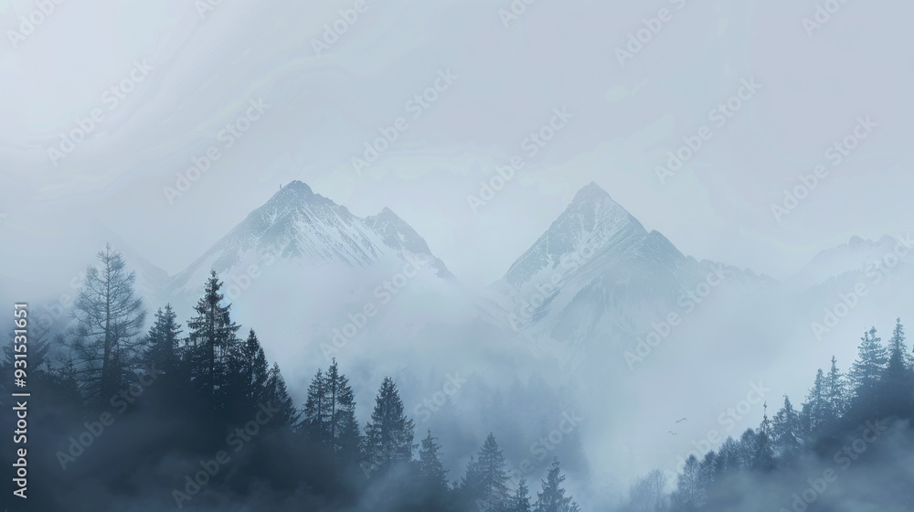 A foggy morning in the mountains, with the peaks barely visible through the gray mist A foggy morning in the mountains, with the peaks barely visible through the gray mist