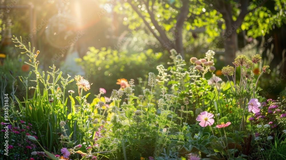 A garden scene with various shades of green plants and flowers blooming in the sunlight A garden scene with various shades of green plants and flowers blooming in the sunlight
