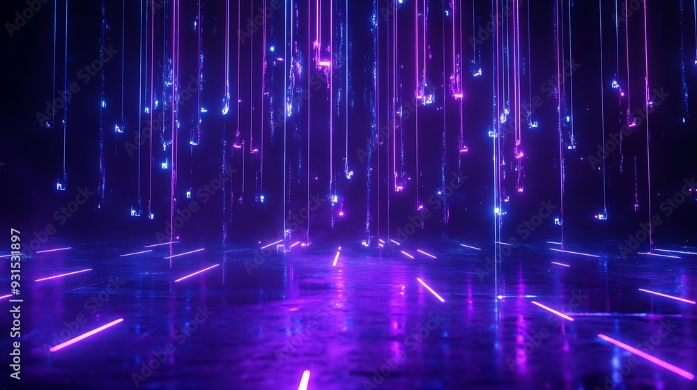 Futuristic neon lights on a dark reflective floor creating a vibrant, abstract digital background with purple and blue hues.